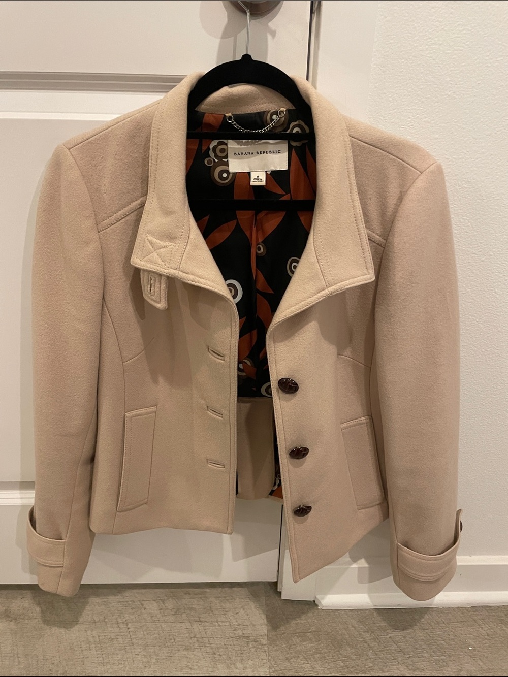 Banana Republic Cream Wool Cropped Peacoat with Patterned Lining